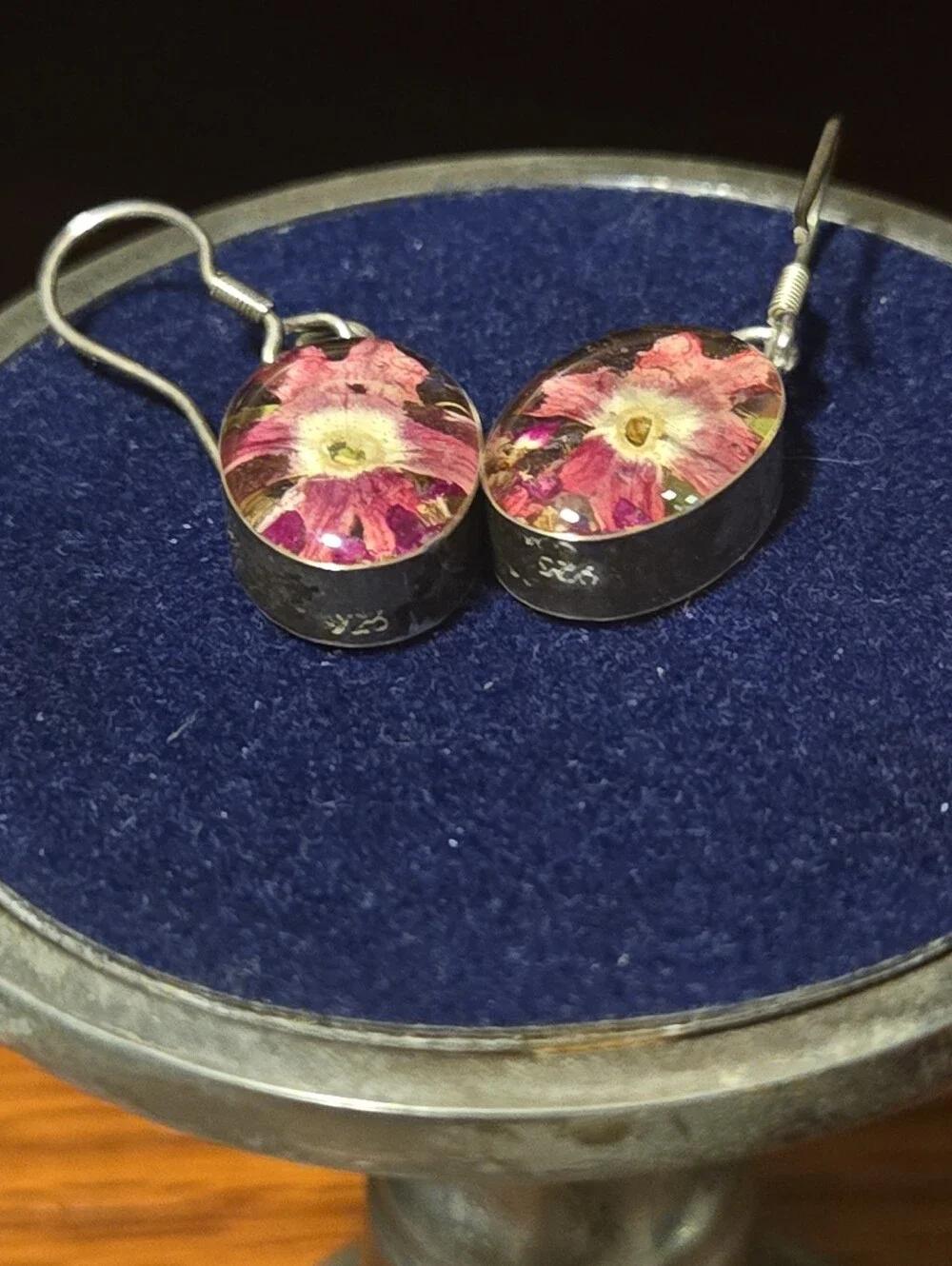 Vintage Sterling Silver Floral Resin Jewelry Set- Ring And 3 Earring Sets